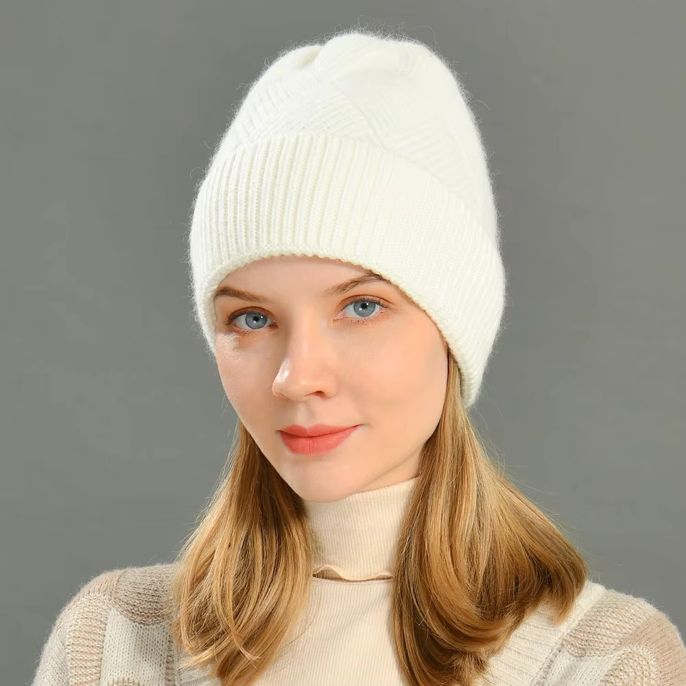Cashmere Beanie Hat with Faux Fur Pom Pom