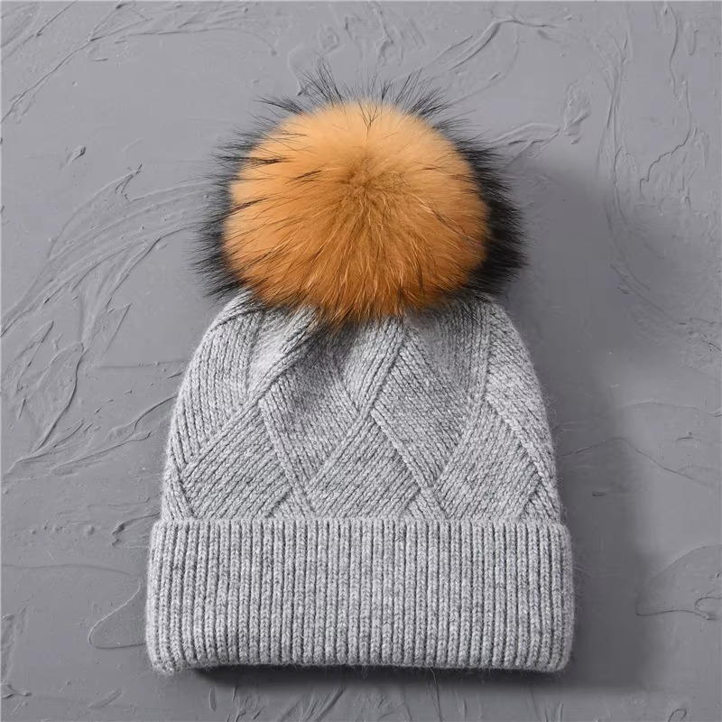 Cashmere Beanie Hat with Faux Fur Pom Pom
