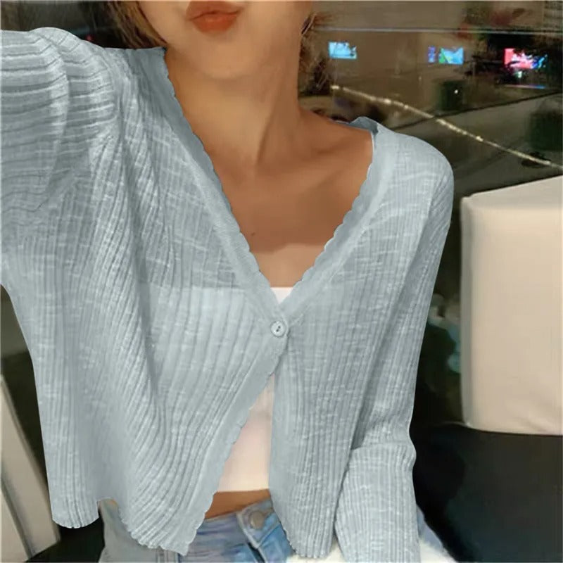 Ribbed Knit Cardigan with Button Front and Cropped Fit