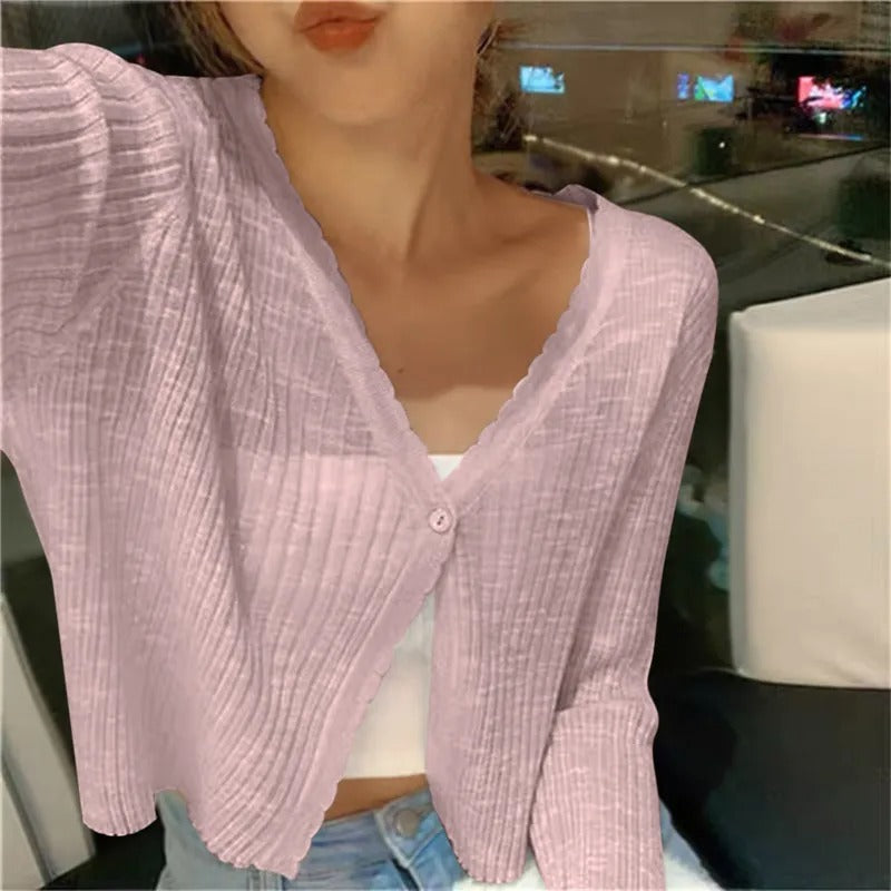 Ribbed Knit Cardigan with Button Front and Cropped Fit