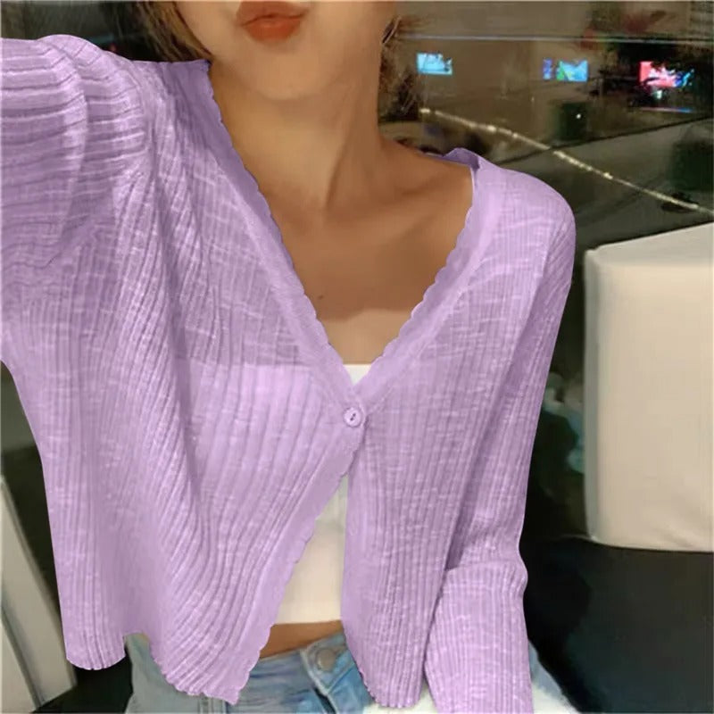 Ribbed Knit Cardigan with Button Front and Cropped Fit