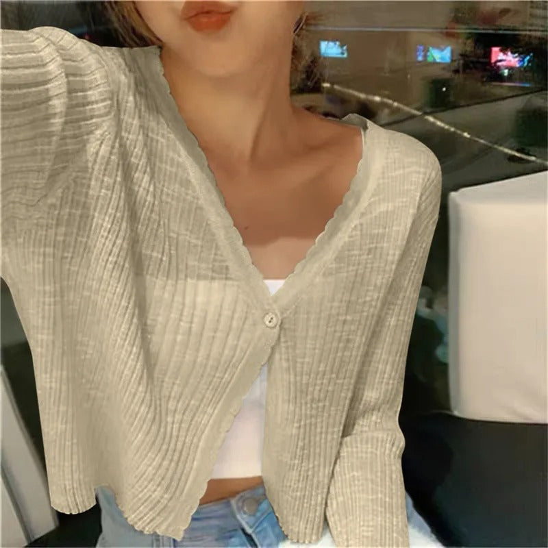 Ribbed Knit Cardigan with Button Front and Cropped Fit