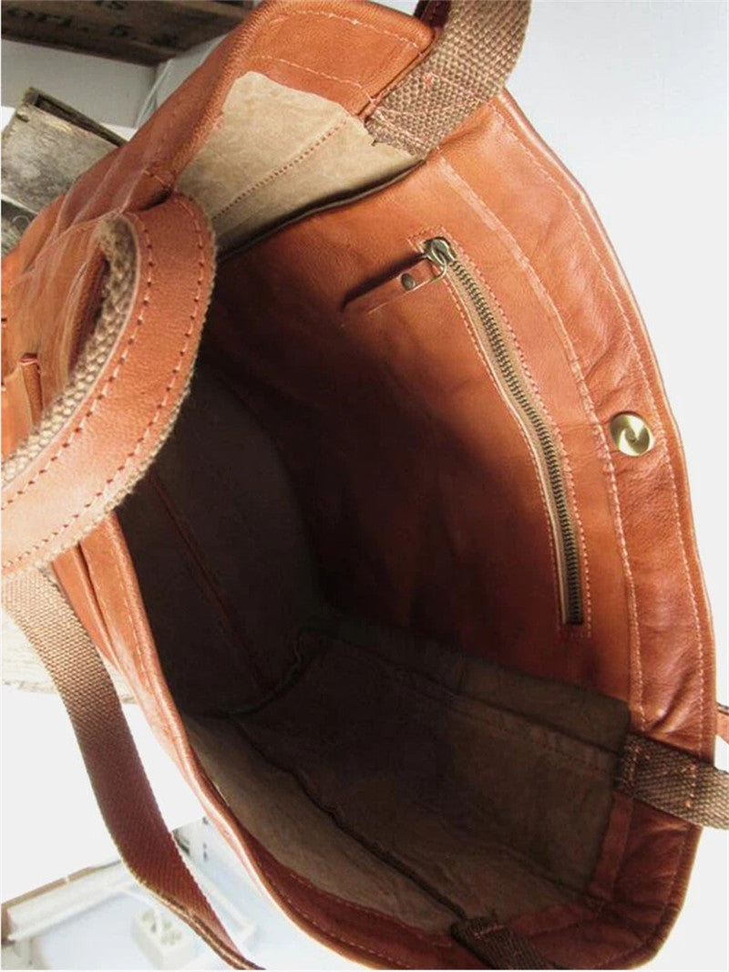 Leather Tote Bag with Front Pocket and Shoulder Straps