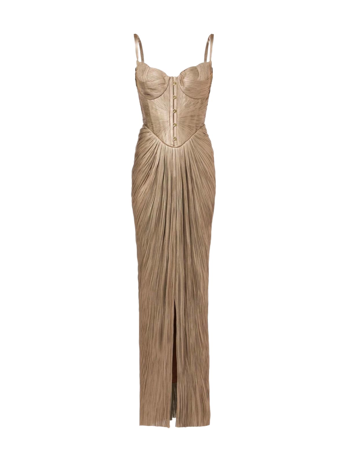 Metallic Corset Maxi Dress with Front Hook Closure