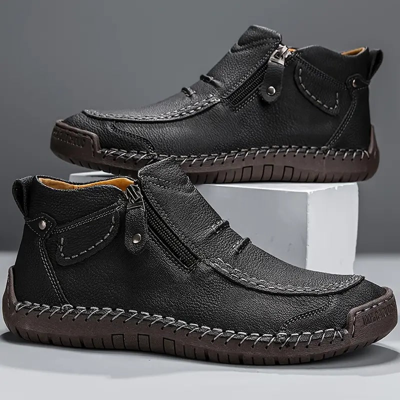 Men's Ankle Boots in Leather with Stitched Moccasin Sole