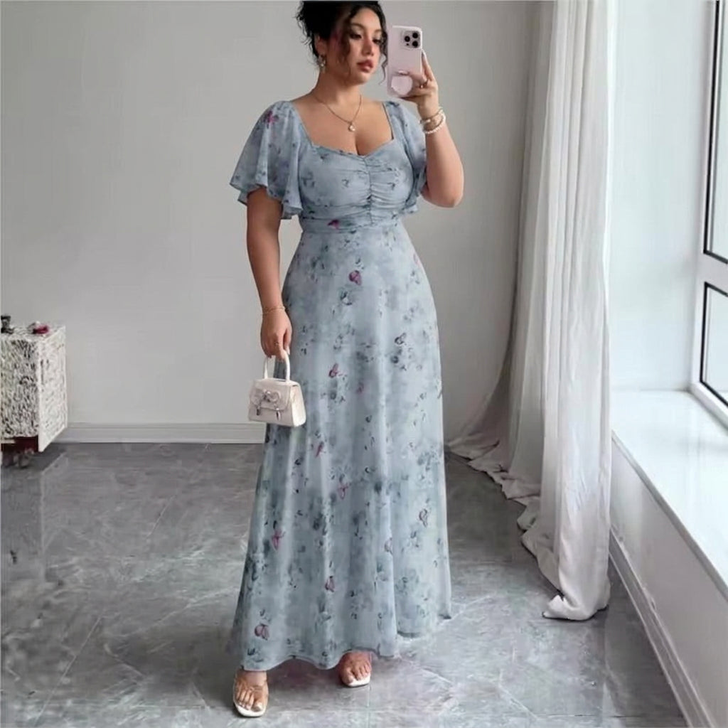 Women’s Floral Ruched Flutter Sleeve Maxi Dress