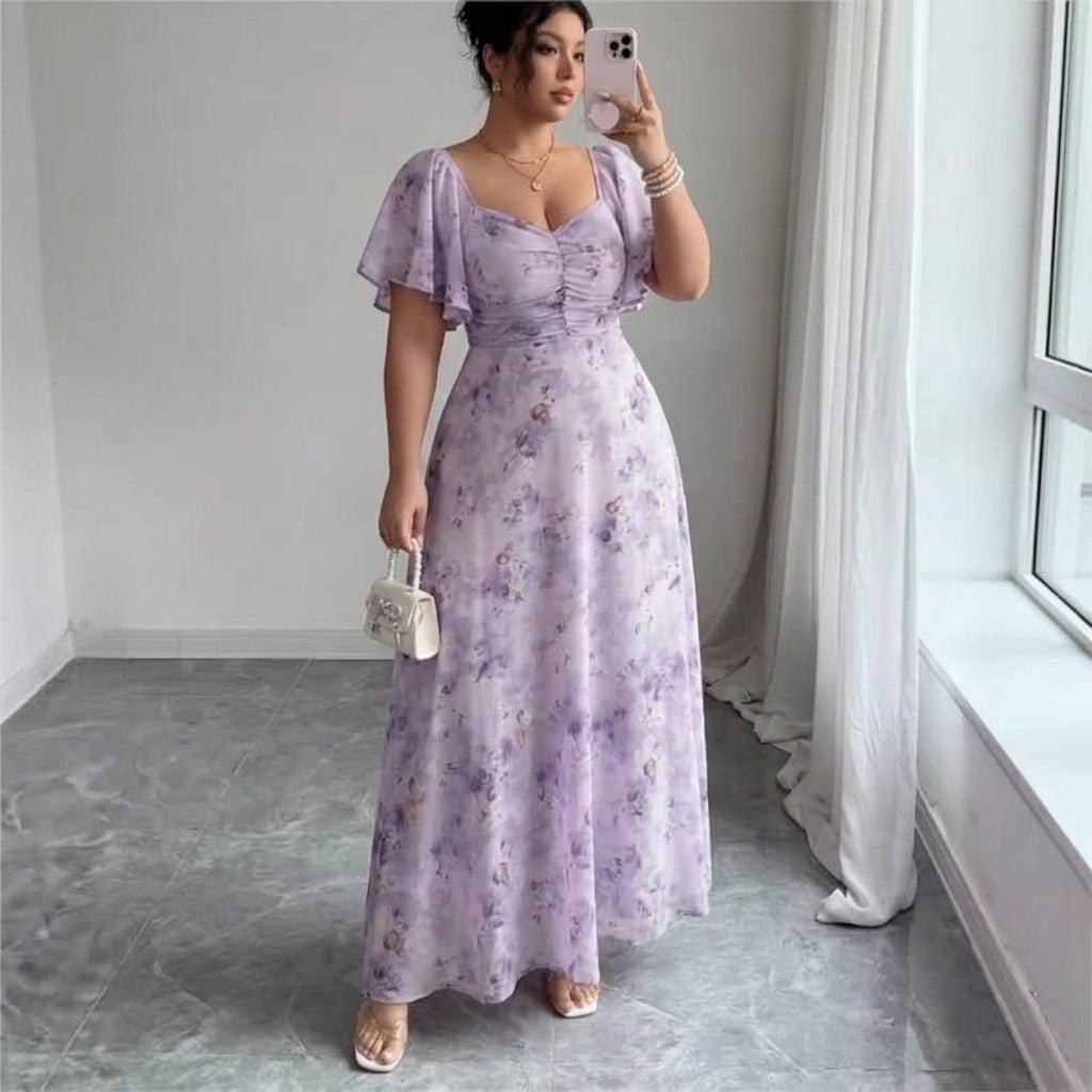 Women’s Floral Ruched Flutter Sleeve Maxi Dress