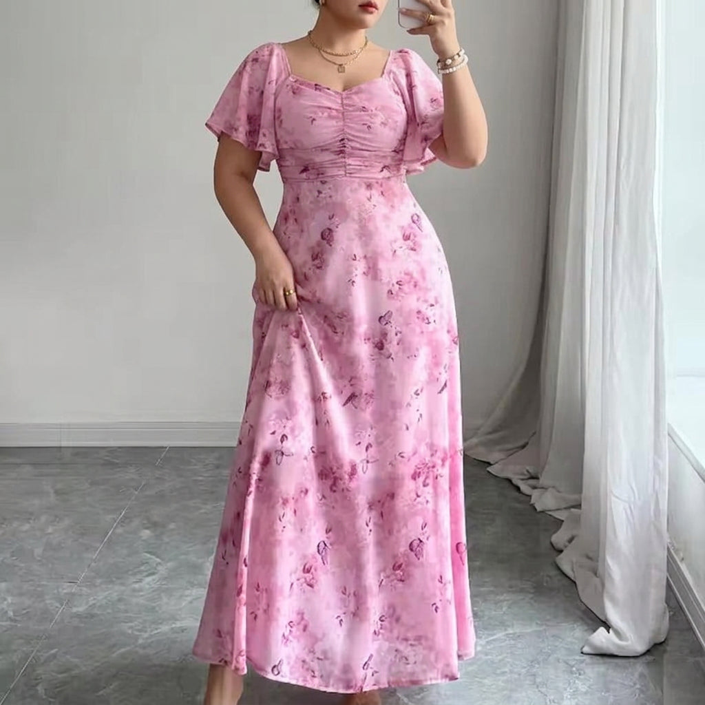 Women’s Floral Ruched Flutter Sleeve Maxi Dress