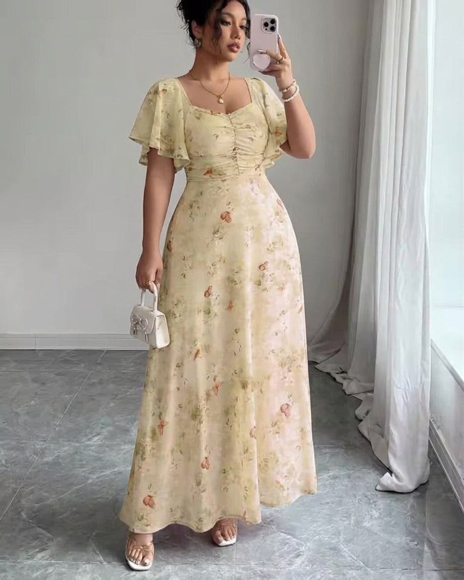 Robe longue fleurie pour femme, froncée, à manches volantées