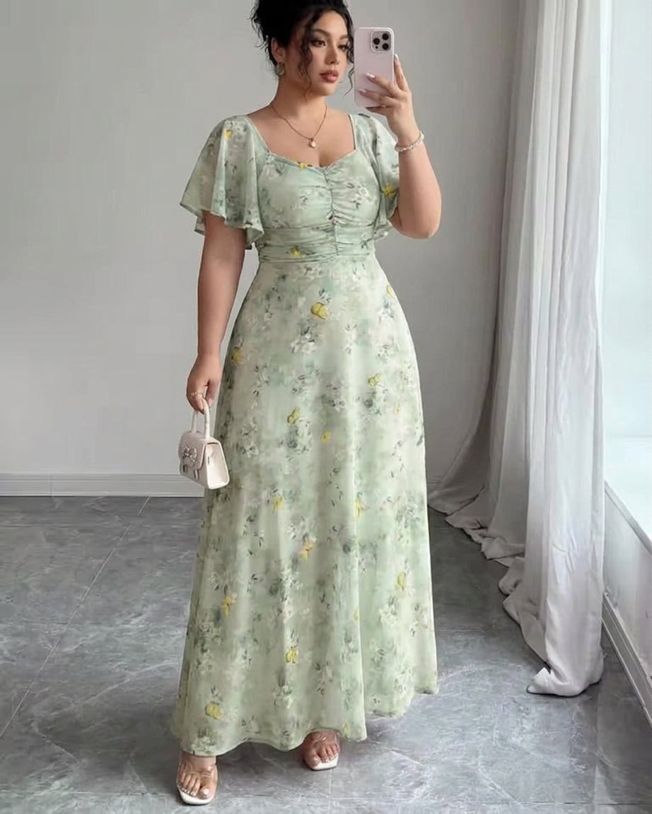 Women’s Floral Ruched Flutter Sleeve Maxi Dress