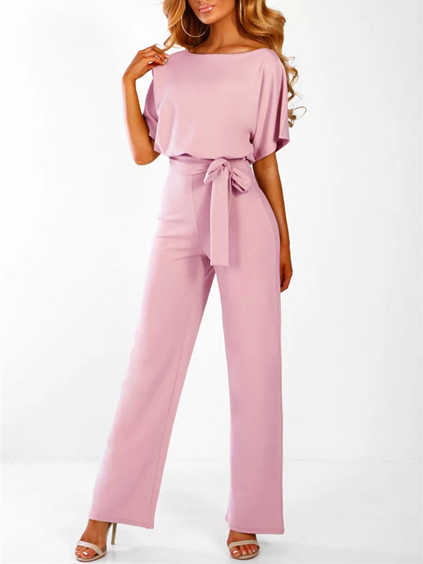 Wide Leg Jumpsuit with Batwing Sleeves and Tie Belt