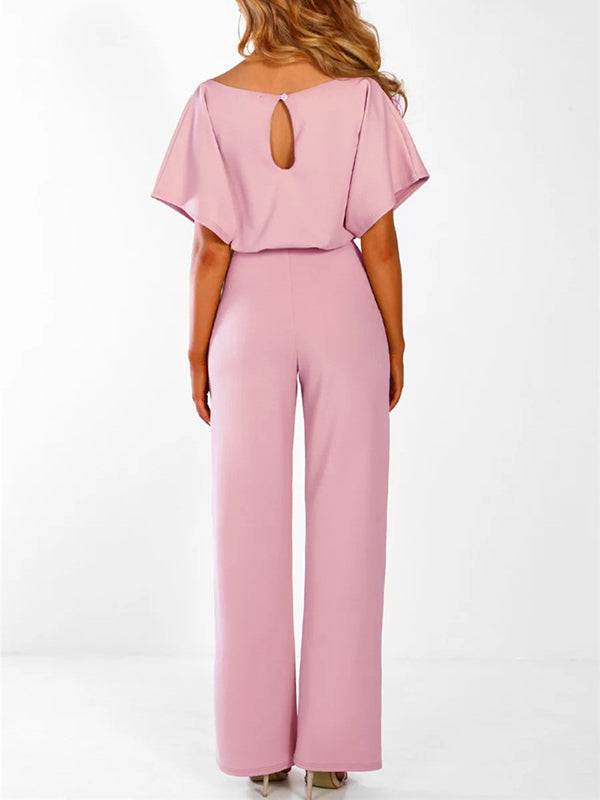 Wide Leg Jumpsuit with Batwing Sleeves and Tie Belt
