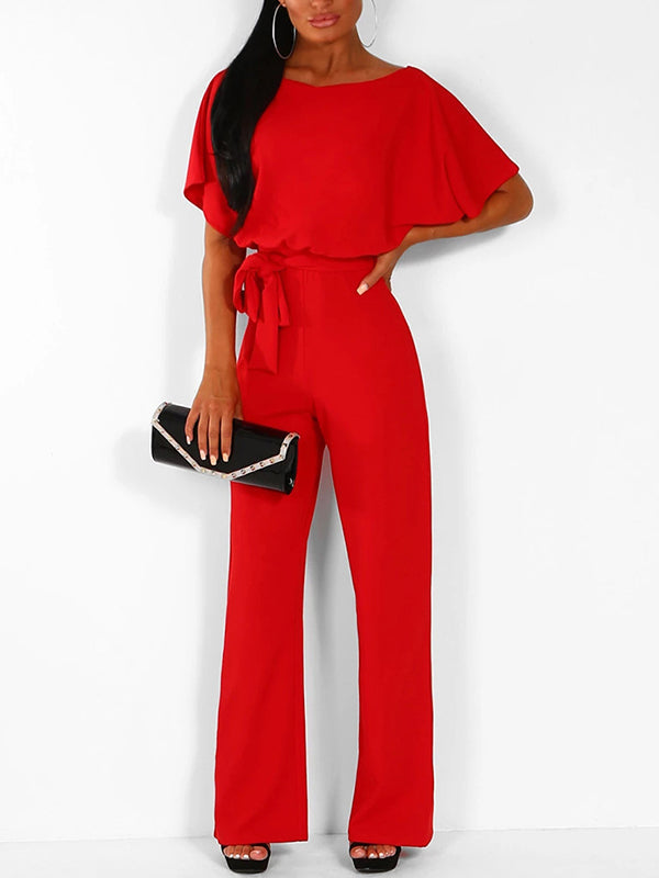 Wide Leg Jumpsuit with Batwing Sleeves and Tie Belt