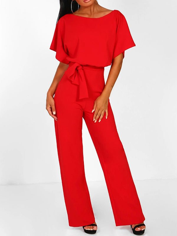 Wide Leg Jumpsuit with Batwing Sleeves and Tie Belt
