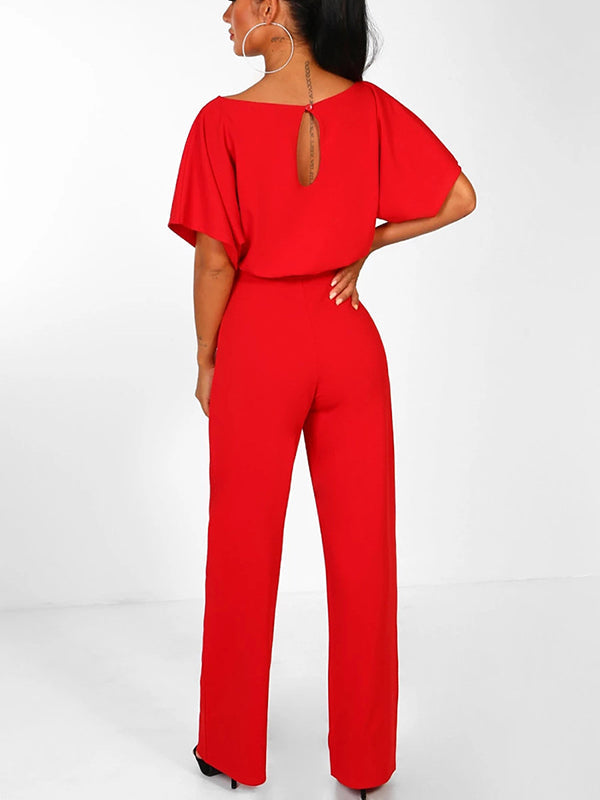 Wide Leg Jumpsuit with Batwing Sleeves and Tie Belt