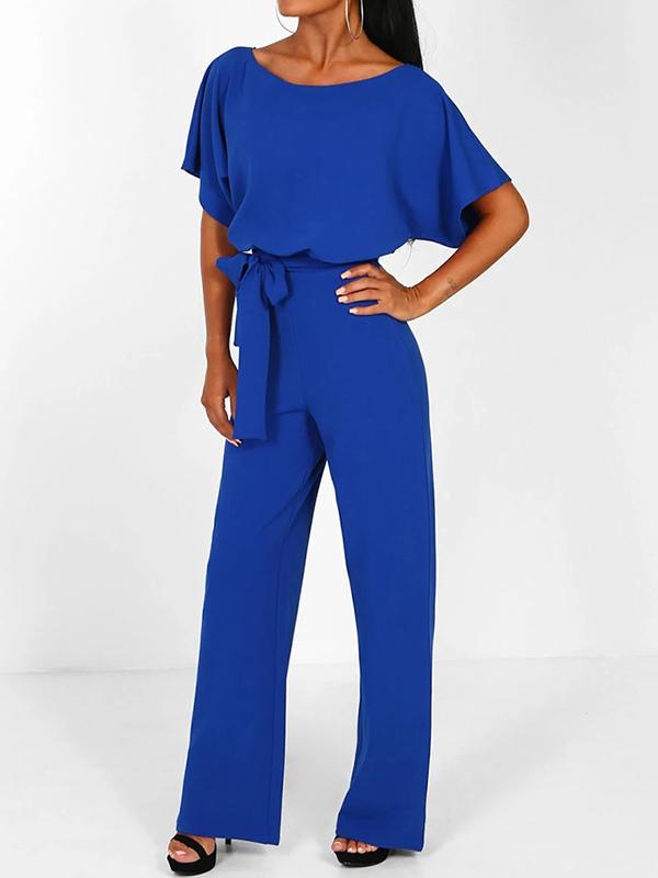 Wide Leg Jumpsuit with Batwing Sleeves and Tie Belt