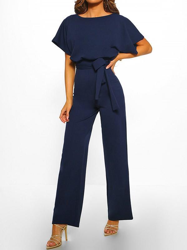 Wide Leg Jumpsuit with Batwing Sleeves and Tie Belt