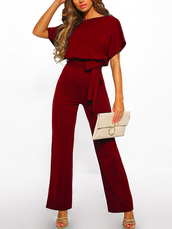 Wide Leg Jumpsuit with Batwing Sleeves and Tie Belt
