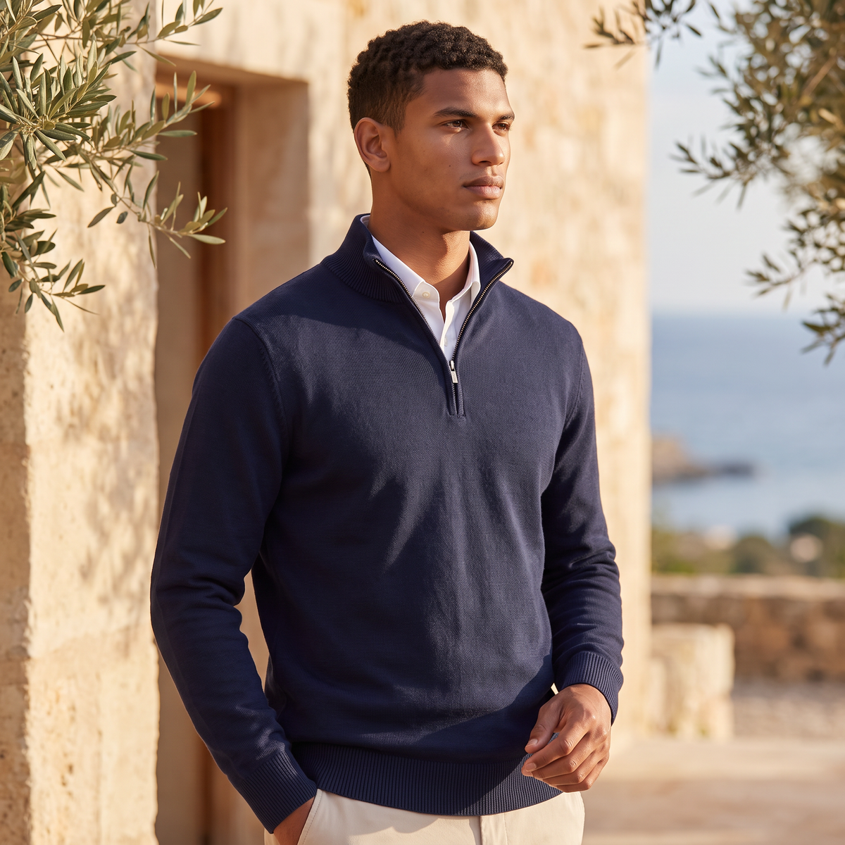 Men’s Half-Zip Knitted Jumper with Stand Collar