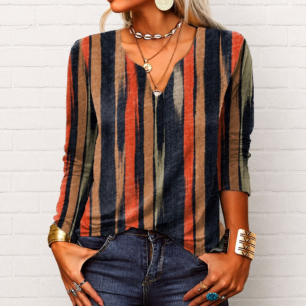 Women’s Printed V-Neck Long Sleeve Top