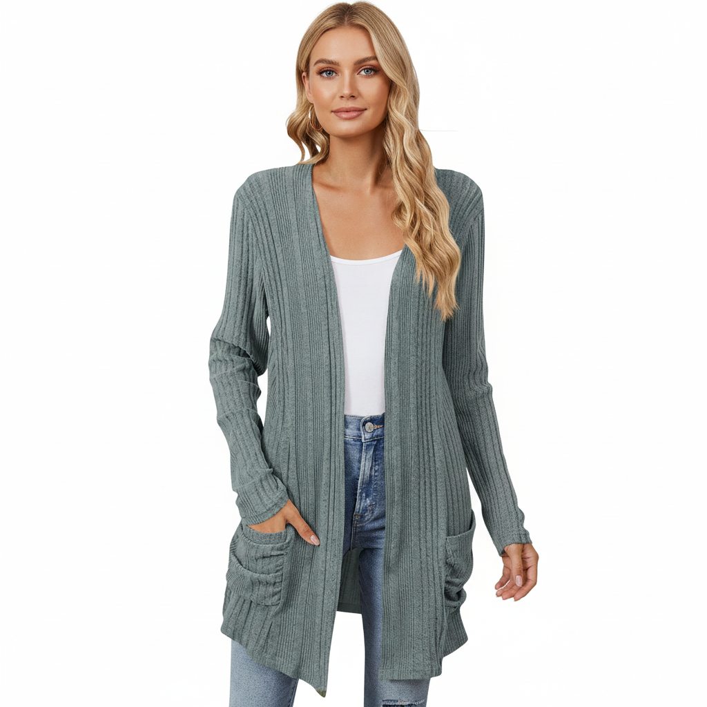 Gilet long côtelé à pans ouverts pour femme