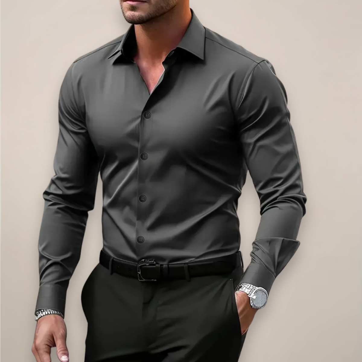 Slim Fit Long-Sleeve Shirt with Spread Collar