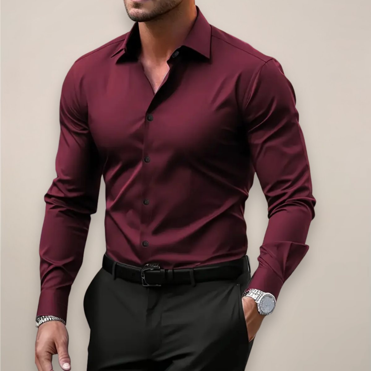 Slim Fit Long-Sleeve Shirt with Spread Collar