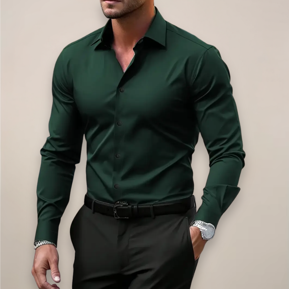Slim Fit Long-Sleeve Shirt with Spread Collar