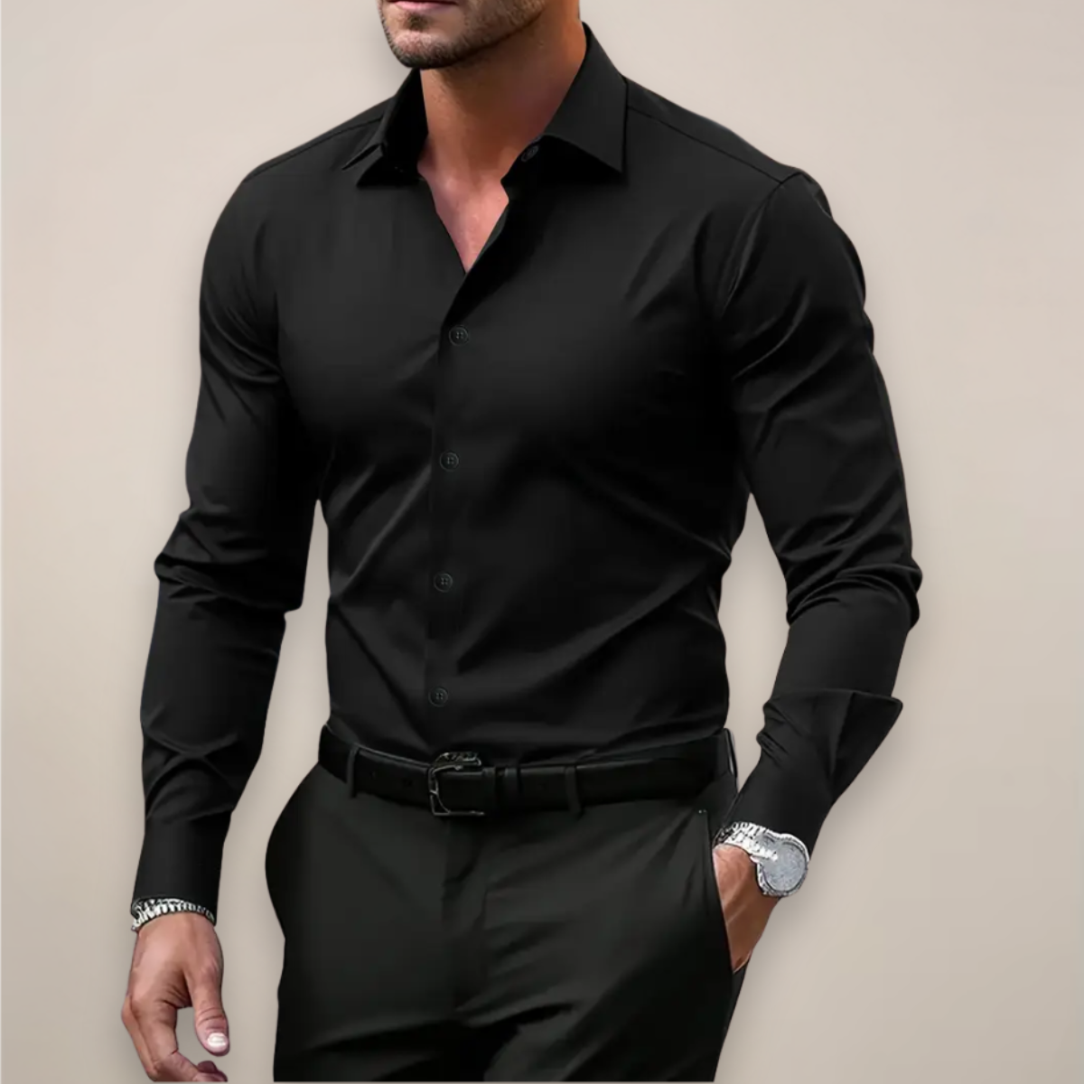 Slim Fit Long-Sleeve Shirt with Spread Collar