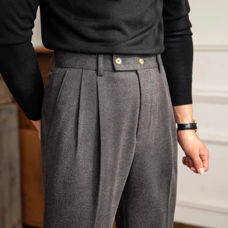 Pleated Wool-Blend Trousers with Tab Closure