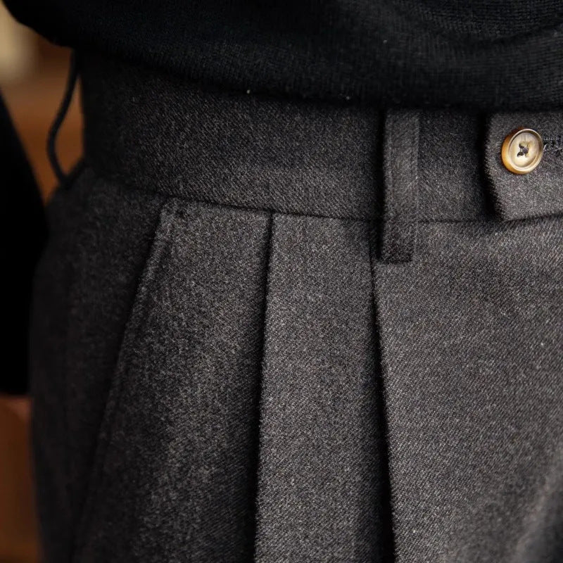Pleated Wool-Blend Trousers with Tab Closure