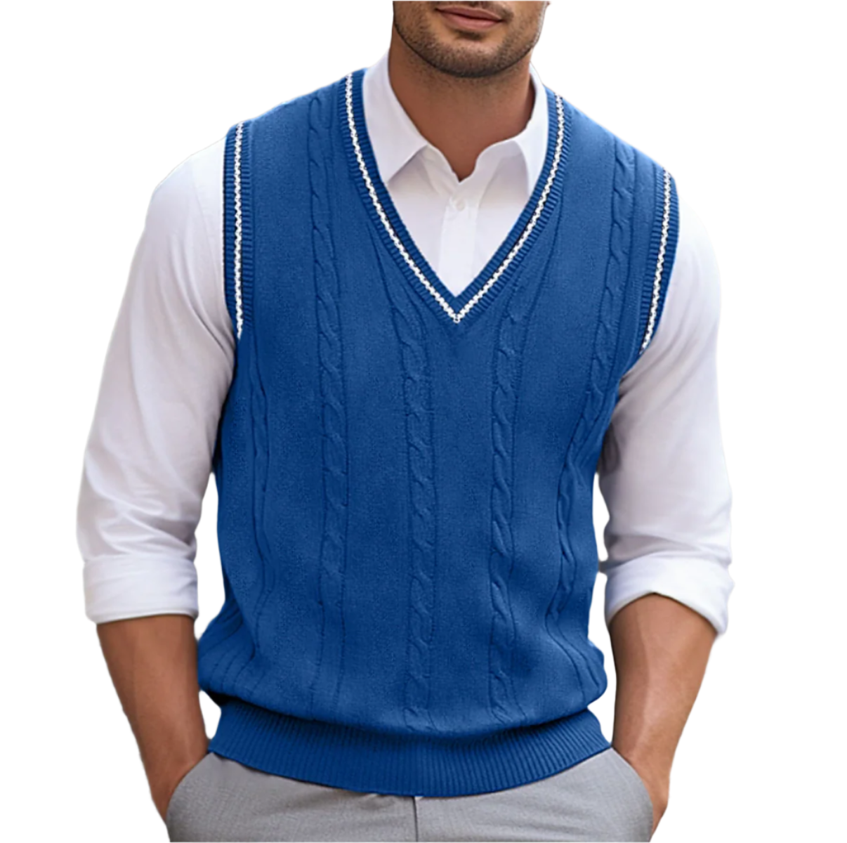 Cable-Knit V-Neck Sweater Vest with Contrast Trim