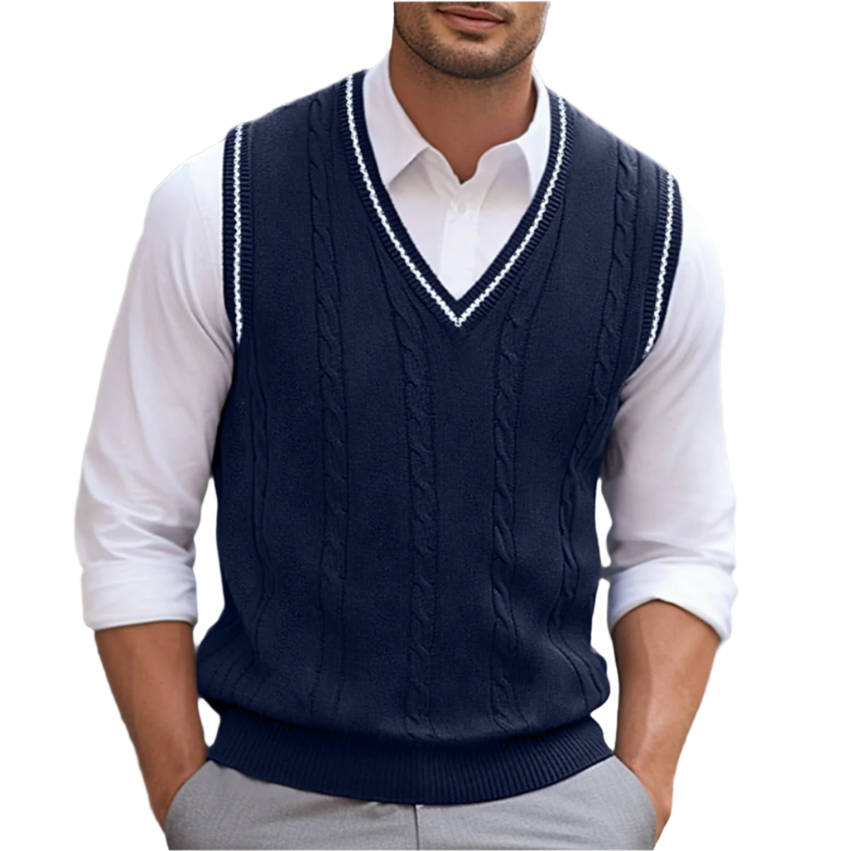 Cable-Knit V-Neck Sweater Vest with Contrast Trim