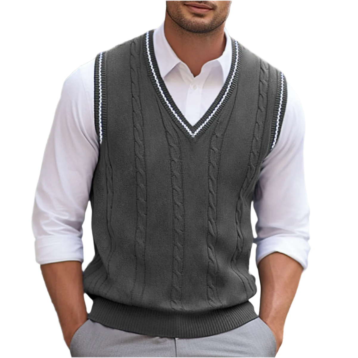 Cable-Knit V-Neck Sweater Vest with Contrast Trim