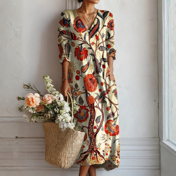 Floral Print Midi Dress with V-Neckline