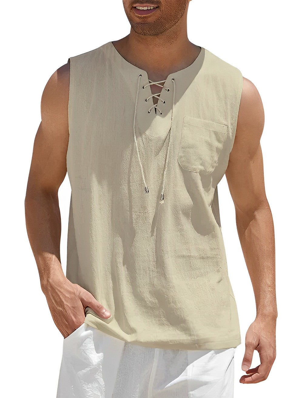 Lace-Up Tank Top with Chest Pocket