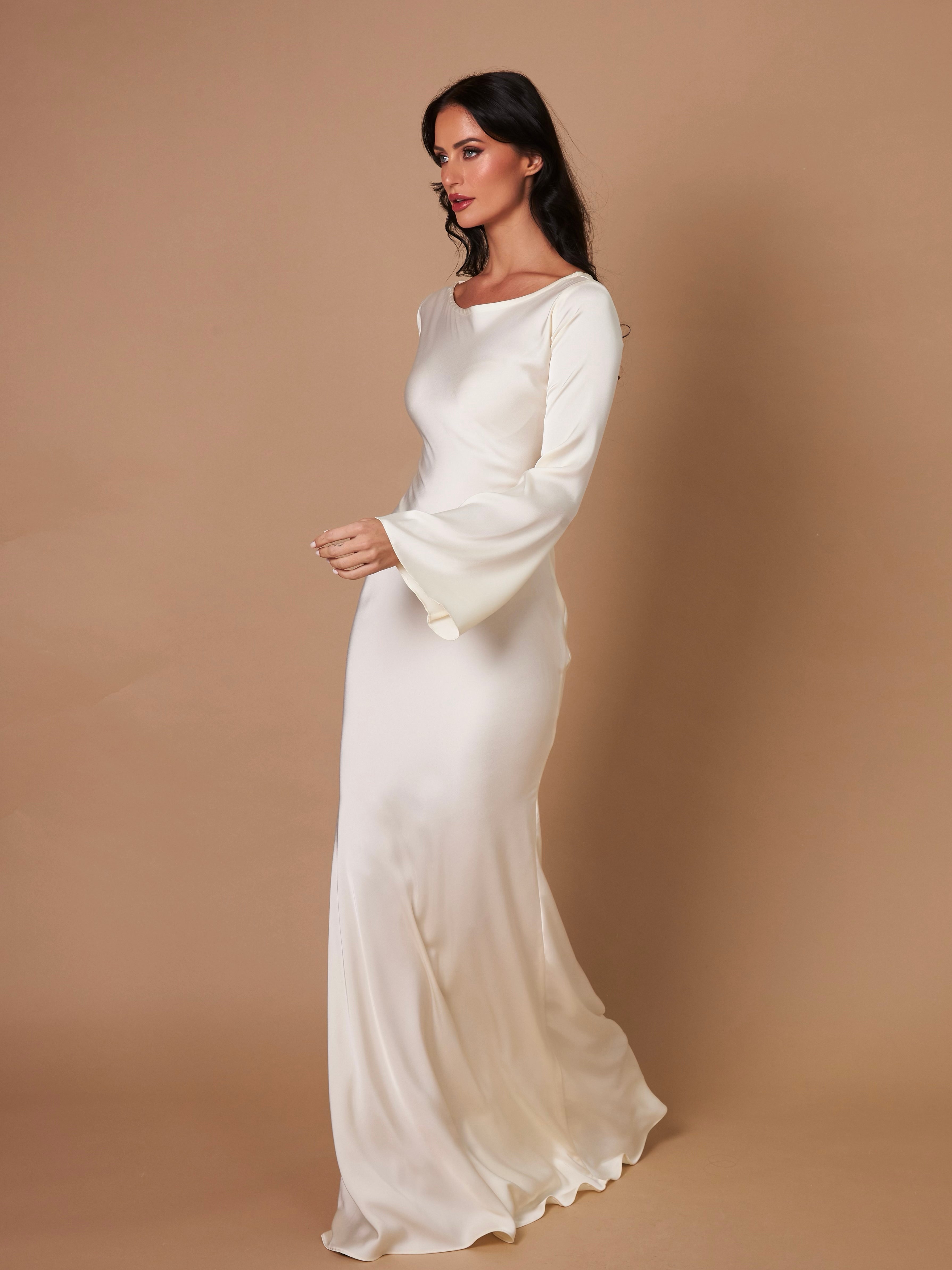 Women's Elegant Long Sleeve Satin Maxi Dress with Waist Tie