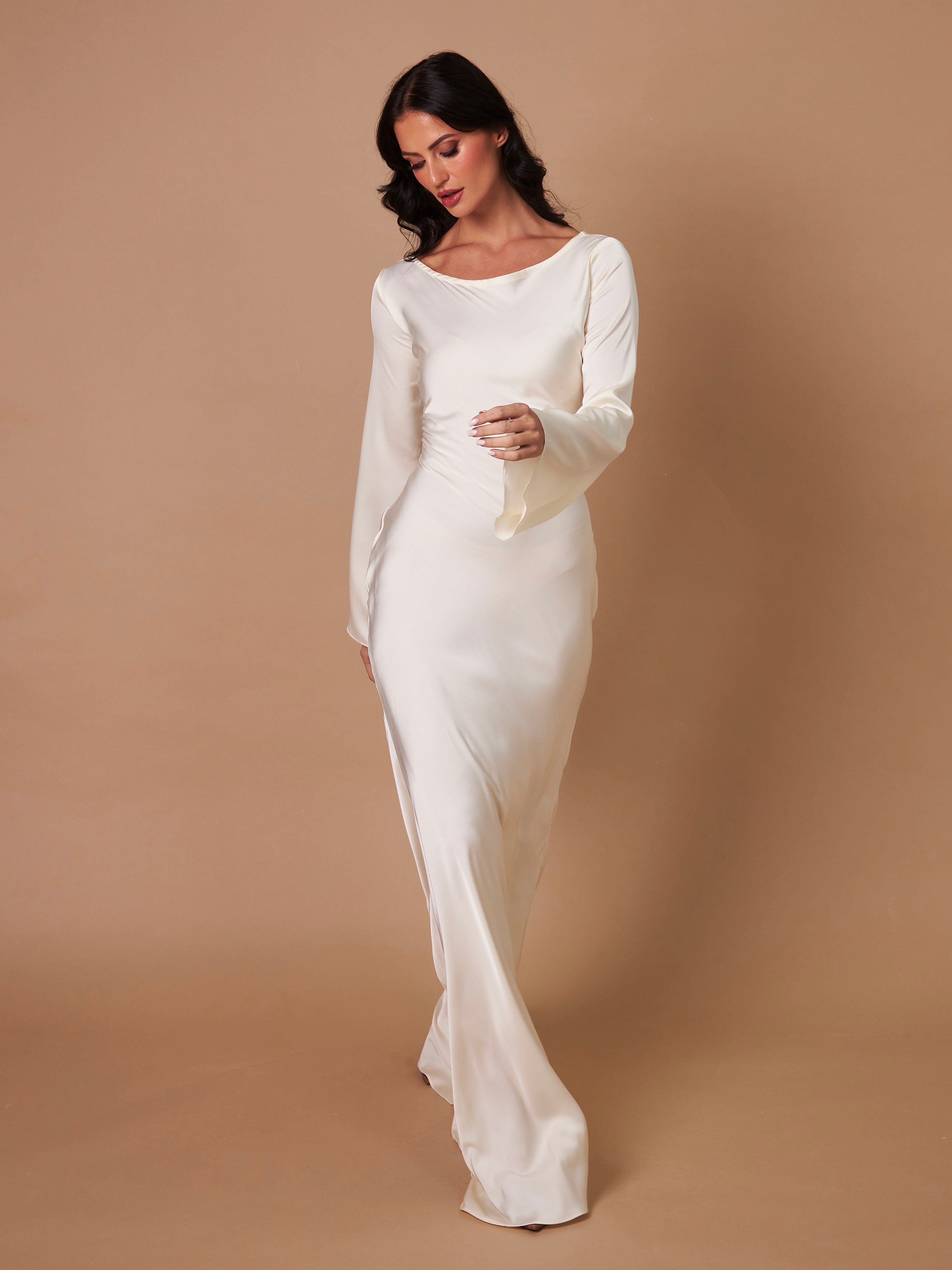 Women's Elegant Long Sleeve Satin Maxi Dress with Waist Tie