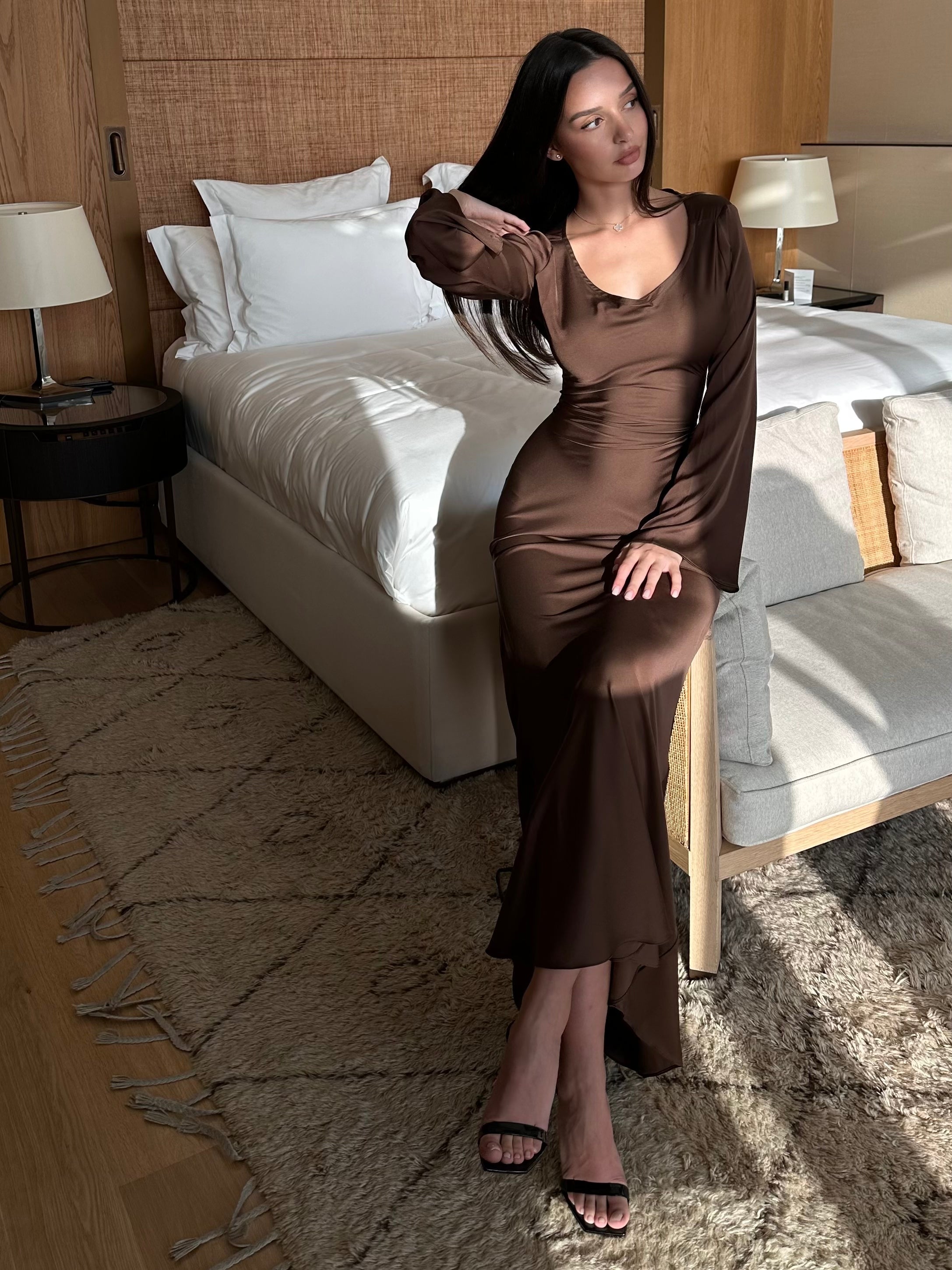 Women's Elegant Long Sleeve Satin Maxi Dress with Waist Tie