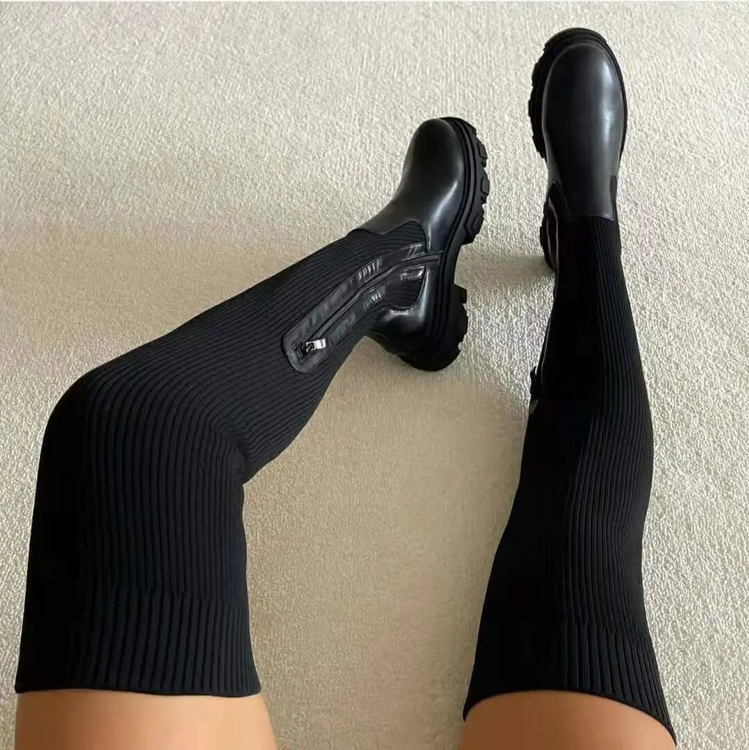 Bottes en maille pour femme au-dessus du genou | Bottes chaussettes extensibles à semelle plate