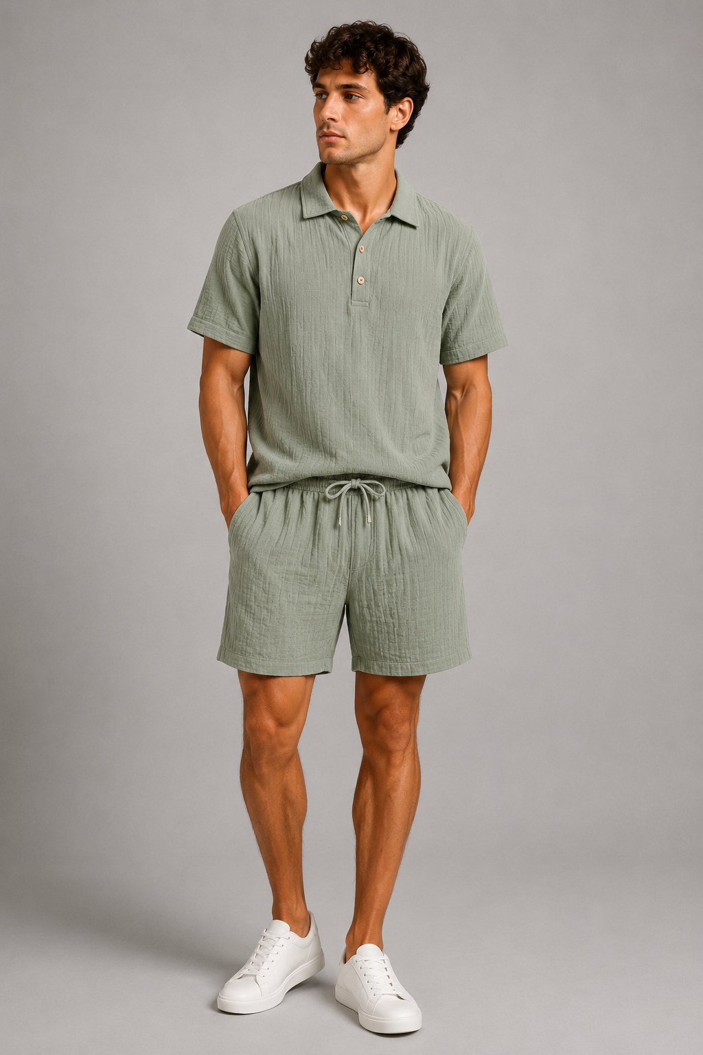Men's Linen Blend Polo Shirt & Shorts Set