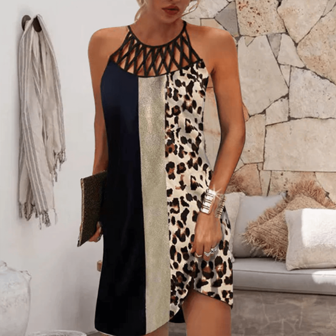 Women's Halter Neck Print Dress with Lattice Trim