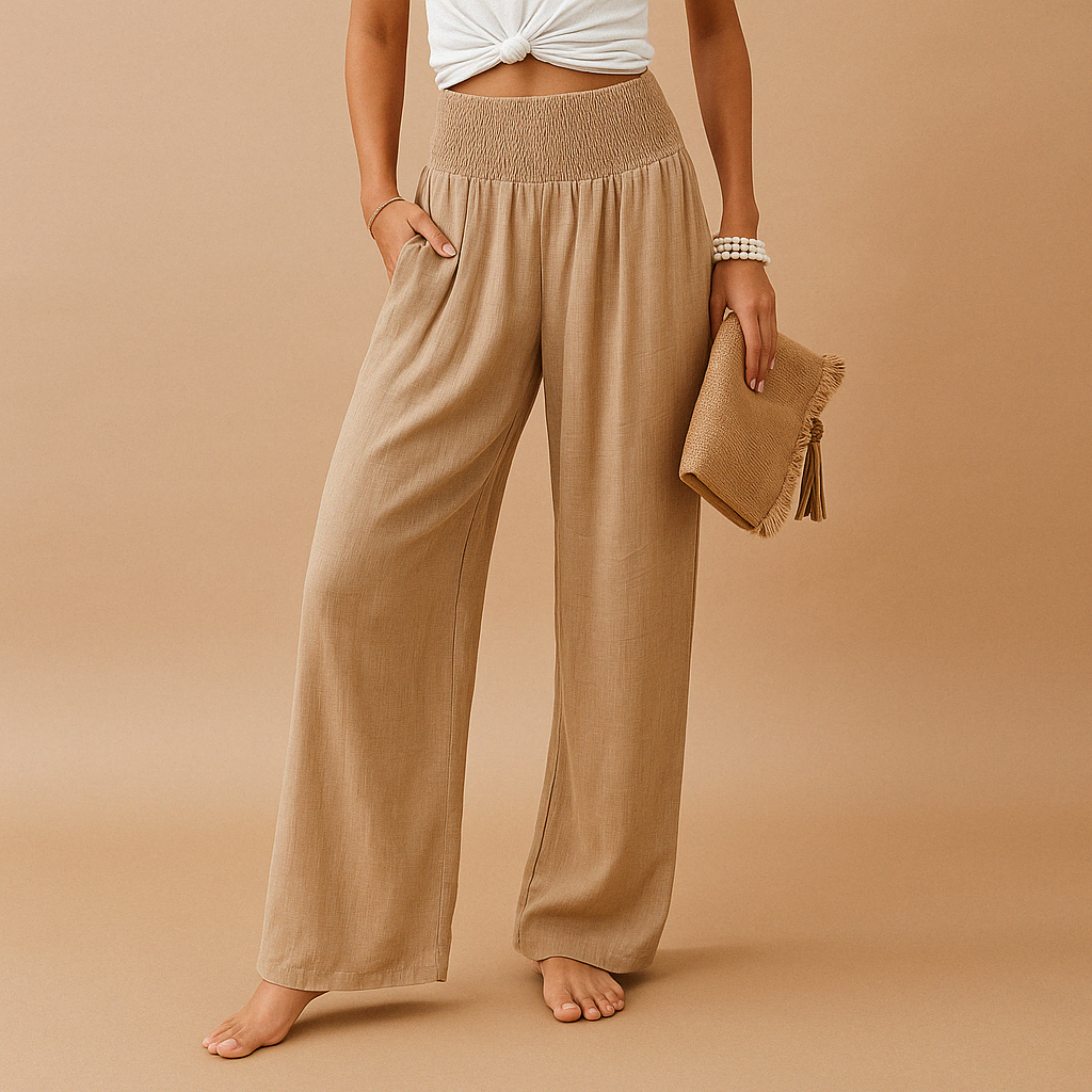 Wide-Leg Linen Trousers with Smocked Elastic Waist