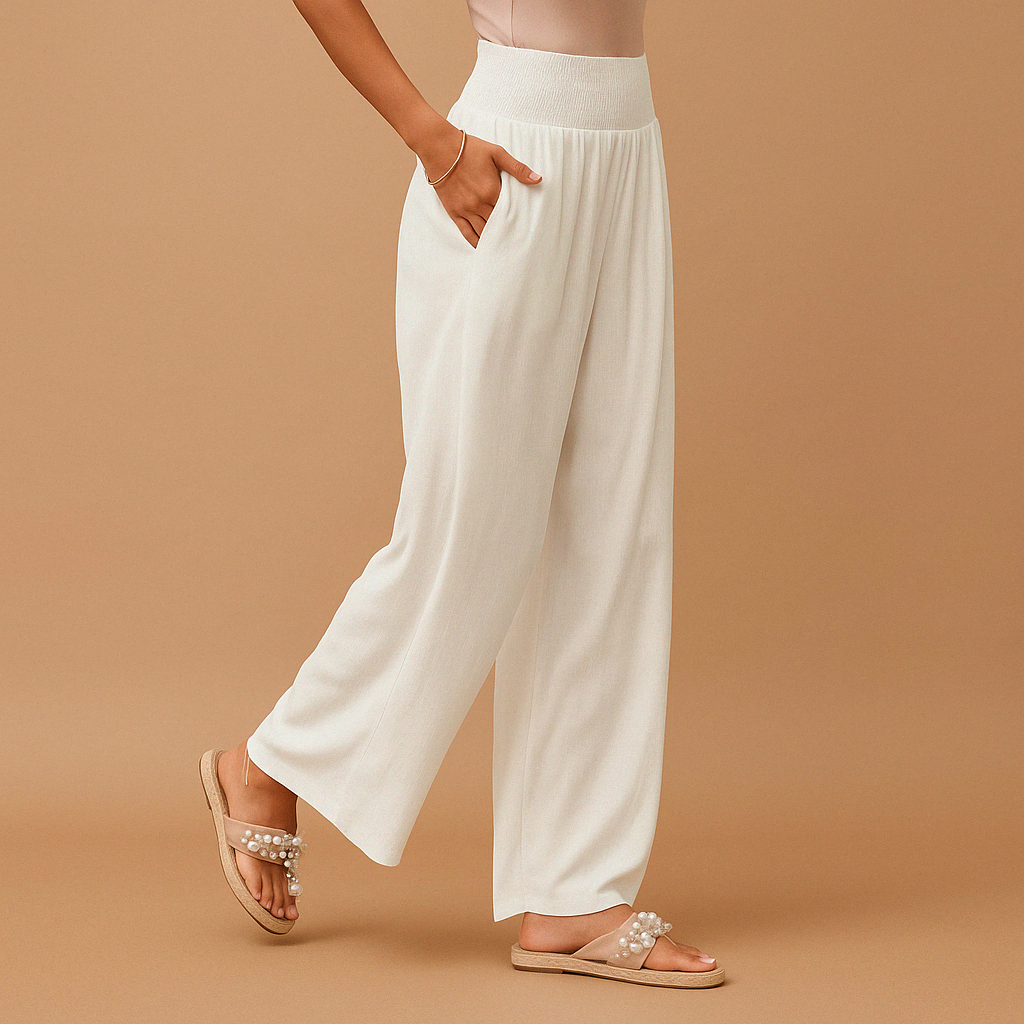 Wide-Leg Linen Trousers with Smocked Elastic Waist