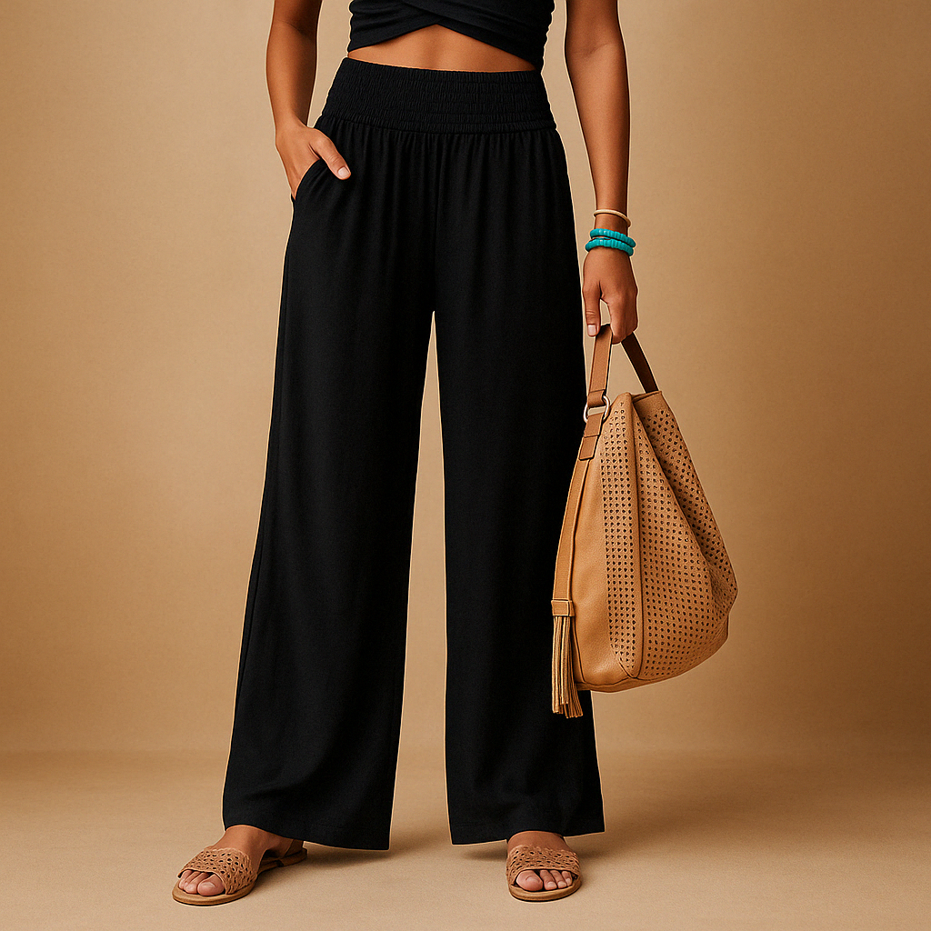 Wide-Leg Linen Trousers with Smocked Elastic Waist