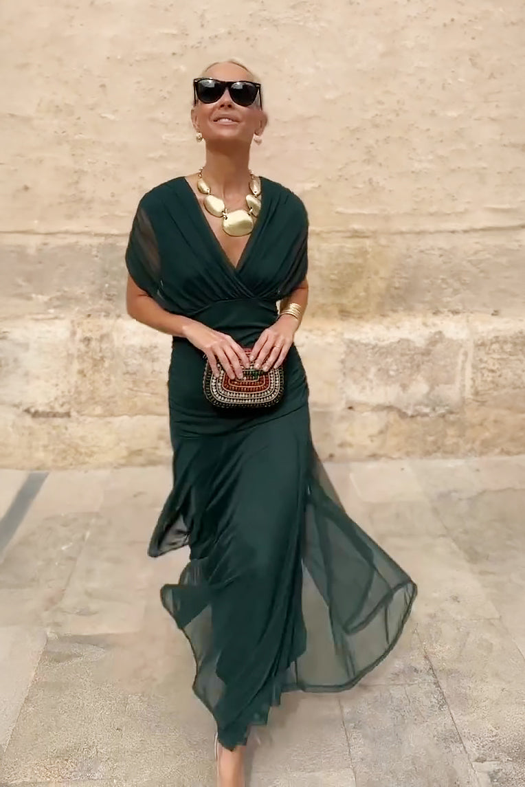 Wrap Maxi Dress with Flutter Sleeves and Sheer Overlay