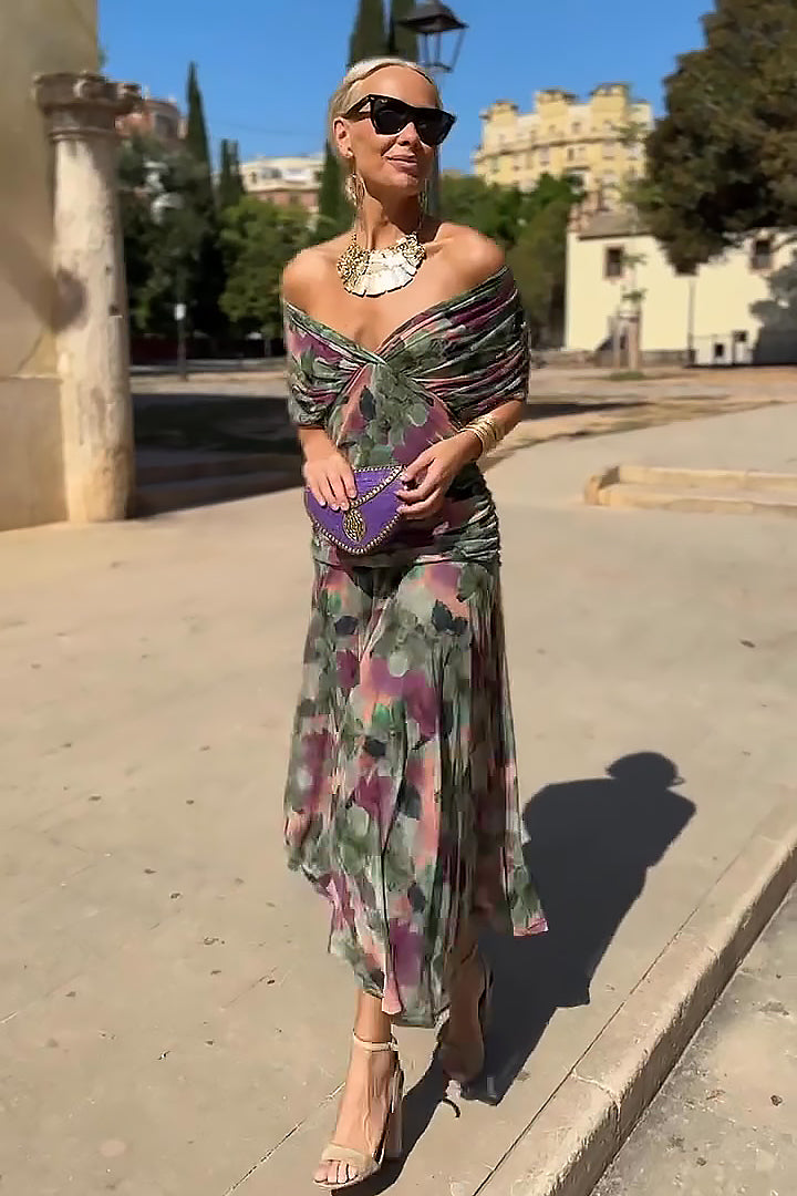 Wrap Maxi Dress with Flutter Sleeves and Sheer Overlay