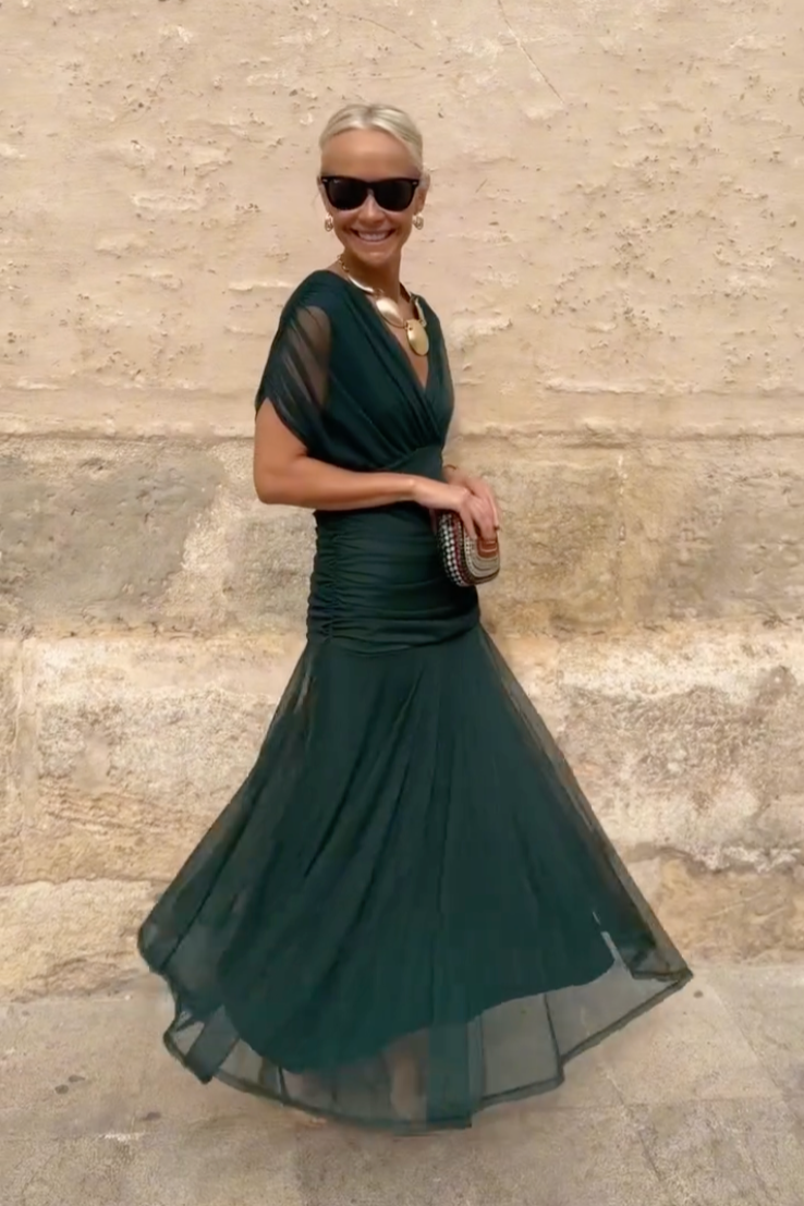 Wrap Maxi Dress with Flutter Sleeves and Sheer Overlay