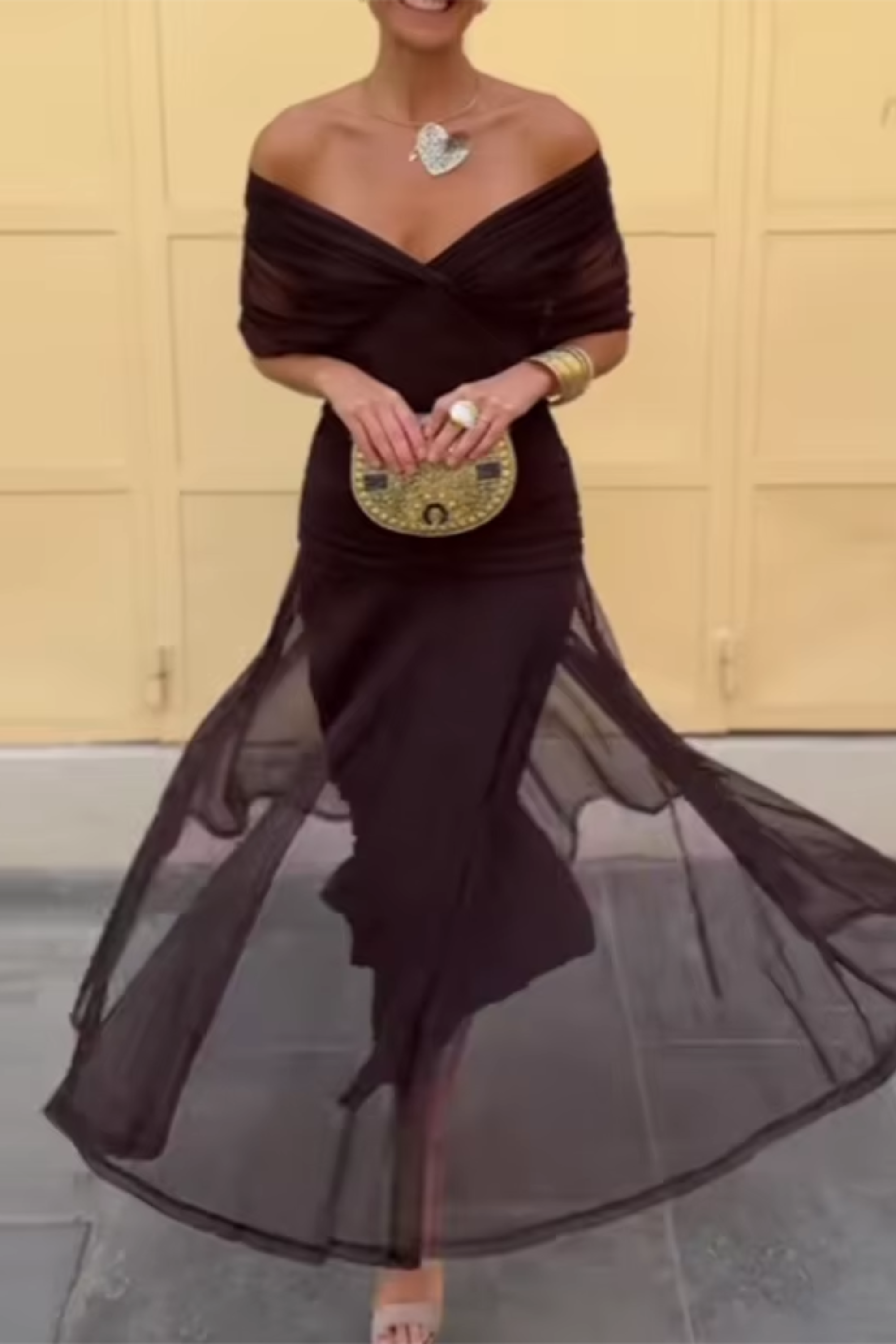 Wrap Maxi Dress with Flutter Sleeves and Sheer Overlay