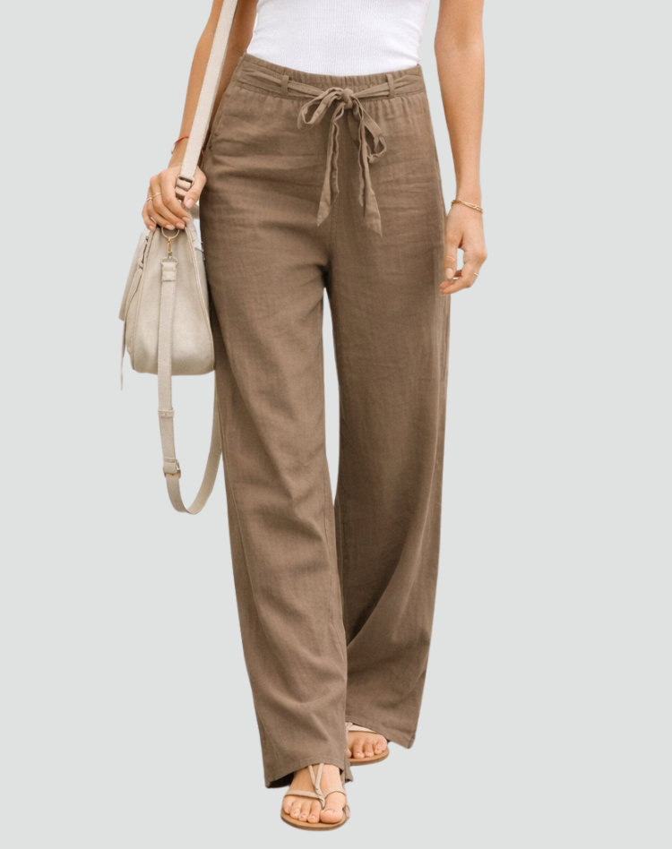 Wide-Leg Linen Trousers with Pleated Tie Waist